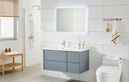 Gabinete de baño, tocador de baño, espejo LED, puertas de baño, espacio