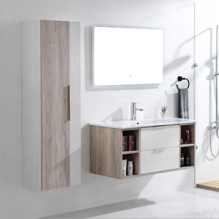 Ideas de tocadores de baño montados en la pared con gabinetes laterales